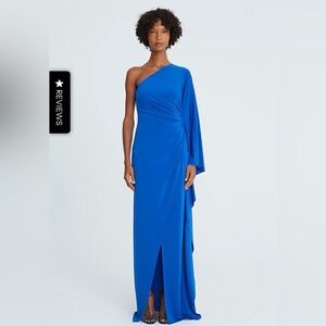 Halston Ellen Sapphire Blue One-Shoulder Jersey Gown, sz 12 NWT